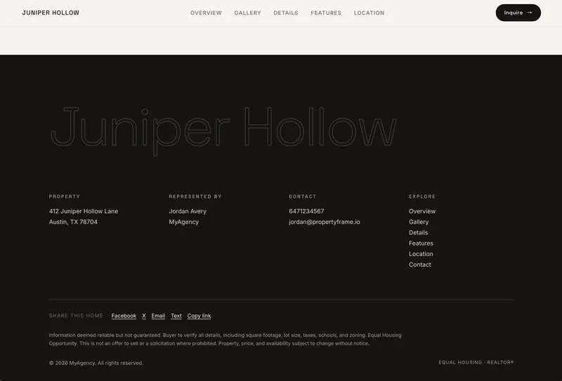 The footer of a property website listing the represented-by agent, their phone and email, and share links.