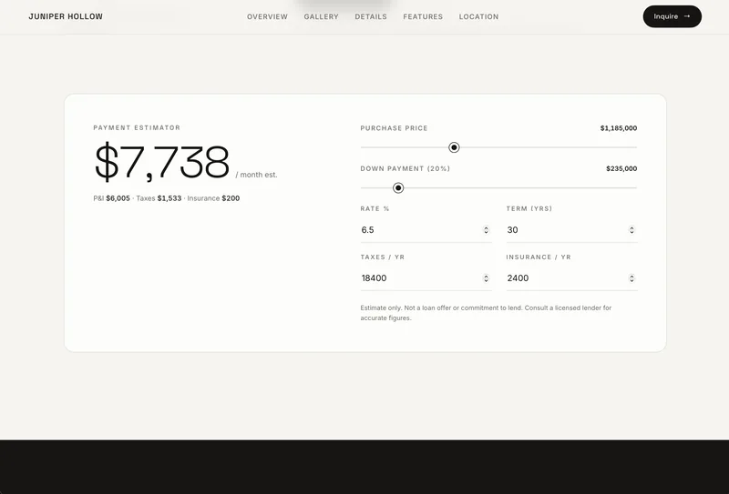 A mortgage payment estimator on a property website with editable rate, term, taxes, and insurance fields.