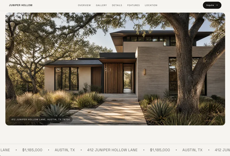 A full-width exterior photograph of a modern home running edge to edge on a property website, captioned with the street address.