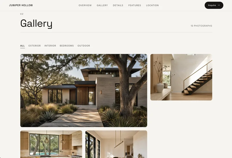 A property gallery showing a photograph count and category filters for exterior, interior, bedrooms, and outdoor spaces.