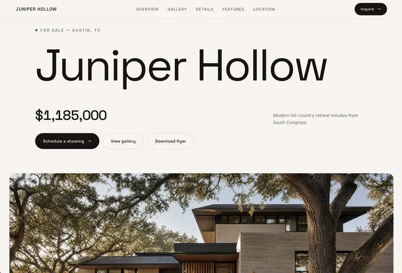 The top of a single-property website: the property name, asking price, and three clear actions above a full-width exterior photograph.